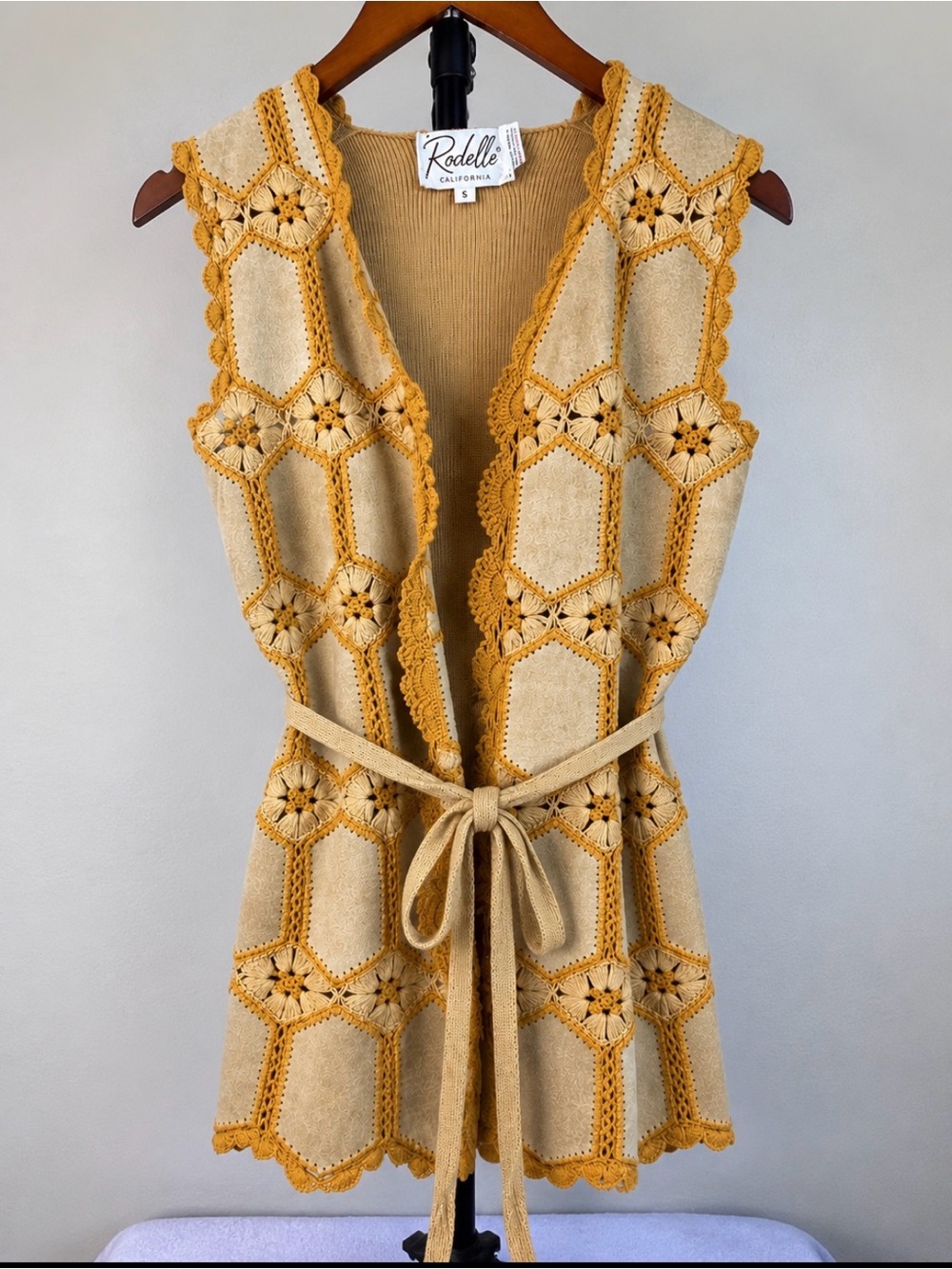 Rodelle California Genuine Leather Crochet Boho Vest Size S